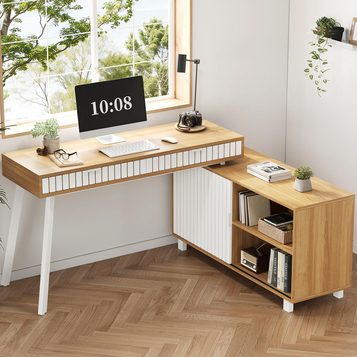 ECKSCHREIBTISCH Naturfarben Weiß 140/120/76,5 cm L-Form mit 2 Schubladen und Schrank - Naturfarben, Holzwerkstoff (120/140/76.5cm) - PANGIVO