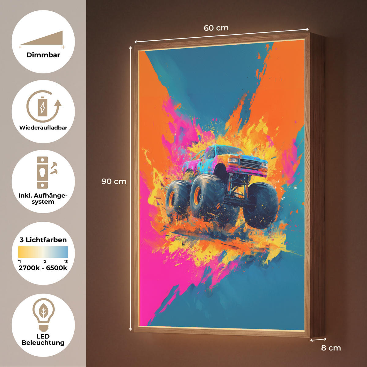 DOBÍJECÍ NOČNÍ LAMPIČKA Monster truck - Abstraktní - Stříkající barva - Barevné 60x90 cm - růžová, kompozitní dřevo (8/60/90cm) - OnlyWow