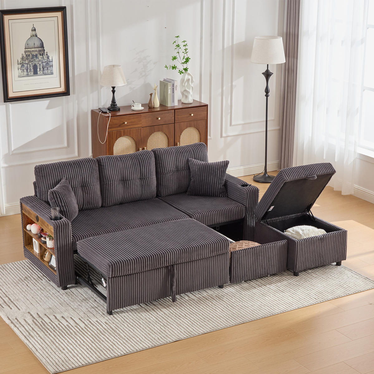 ECKSCHLAFSOFA 196/144/85 cm Dunkelgrau mit Stauraum, USB-C, Ambientebeleuchtung und Getränkehaltern - Dunkelgrau, Textil (196/82cm) - Oxeza