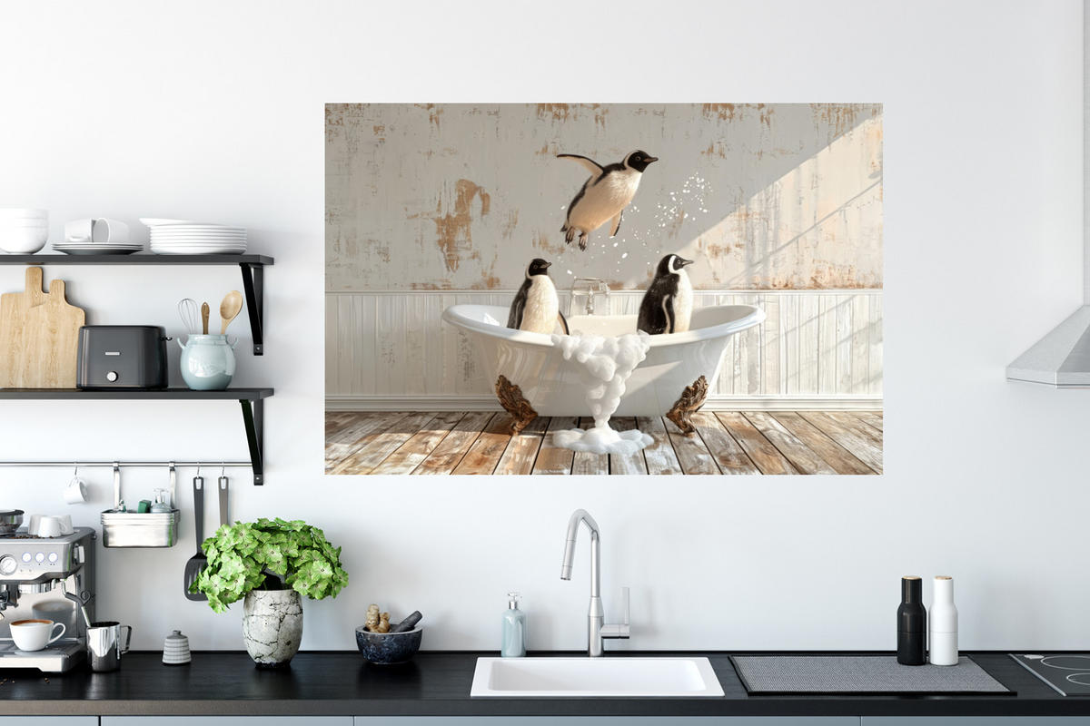 WANDTATTOO Vintage - Pinguin - Badewanne - Schaumstoff 120x80 cm - Schwarz, Kunststoff (120/80/0.1cm) - MuchoWow