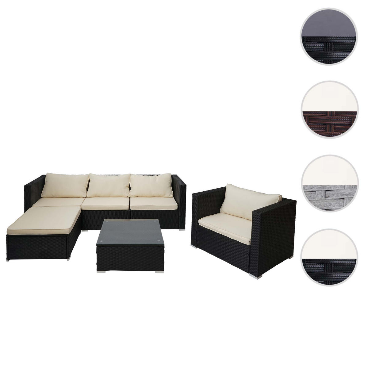 POLY-RATTAN-GARNITUR Schwarz, Cremeweiß - Schwarz/Weiß, Kunststoff - MCW