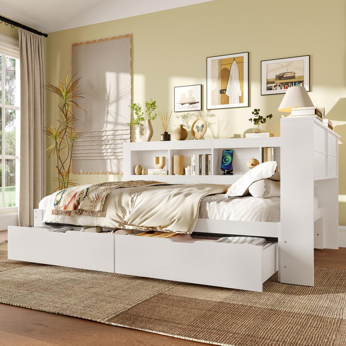 POLSTERBETT 140/200 cm mit 2 Schubladen, Ablagefächern, Steckdose und 2 USB-Anschlüssen, Weiß - Weiß, Holzwerkstoff (140/200cm) - Redom