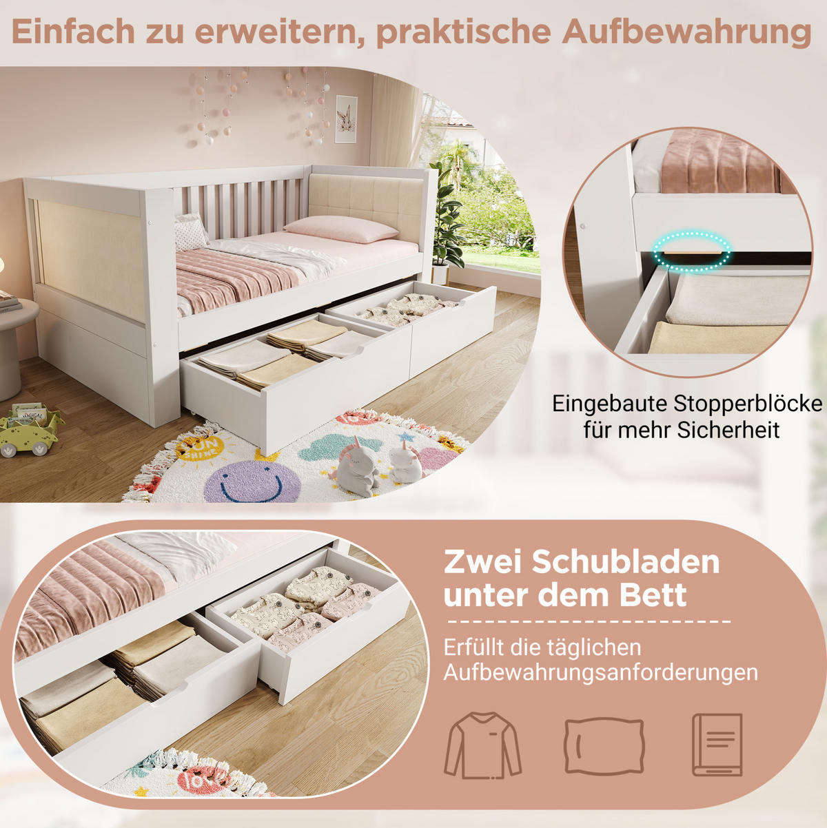 JEDNOLÔŽKOVÁ posteľ 90/190 cm biela s 2 zásuvkami z borovicového dreva s čalúnenou opierkou - biela, textil (90/190cm) - OKWISH