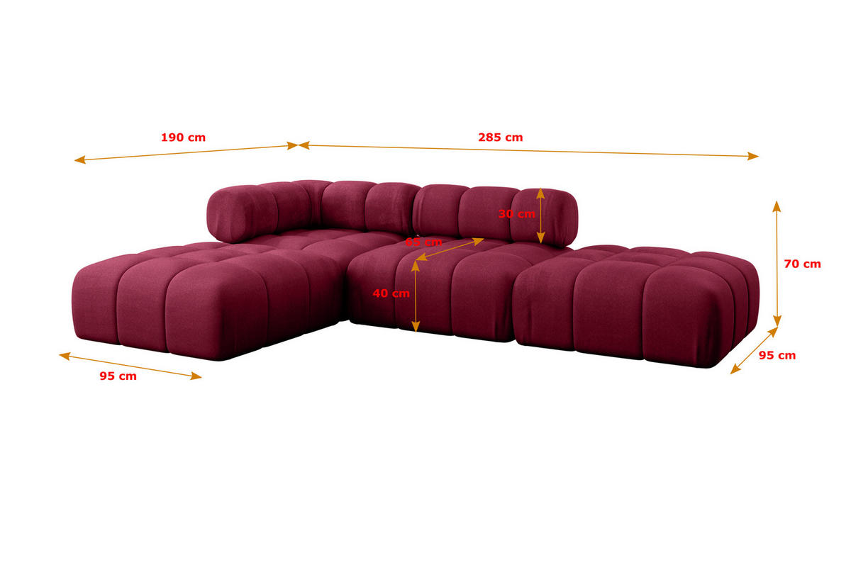 ECKSOFA modulares Sofa Kerru-L1 - 285x190x70 cm Bordeauxrot Velours - Bordeaux, Holzwerkstoff/Textil (285/190cm) - ALTDECOR