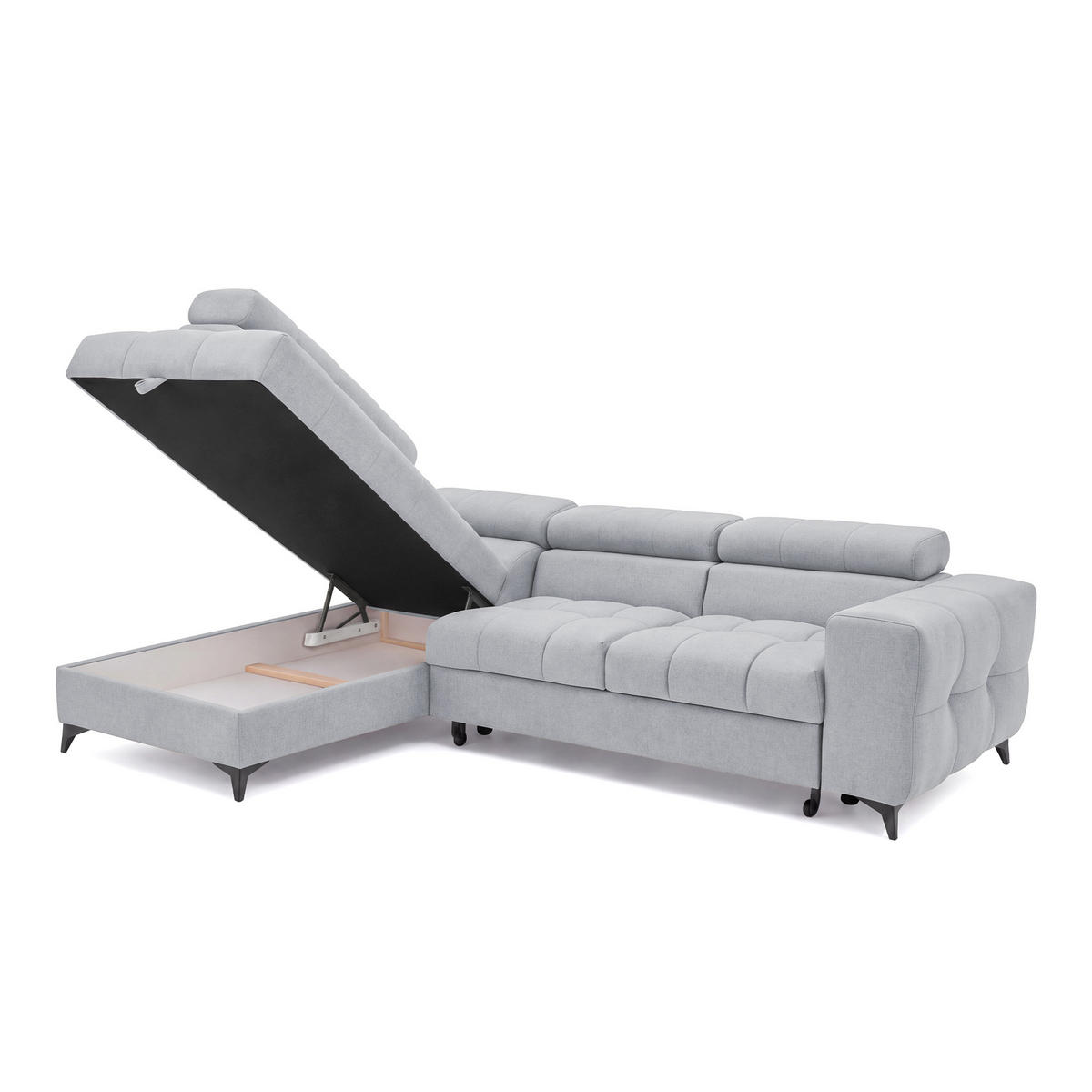 ECKSOFA PUDDING S Links mit Schlaffunktion 125x195 Velours Hellgrau - Hellgrau/Schwarz, Holz/Textil (177/275cm) - Muffo