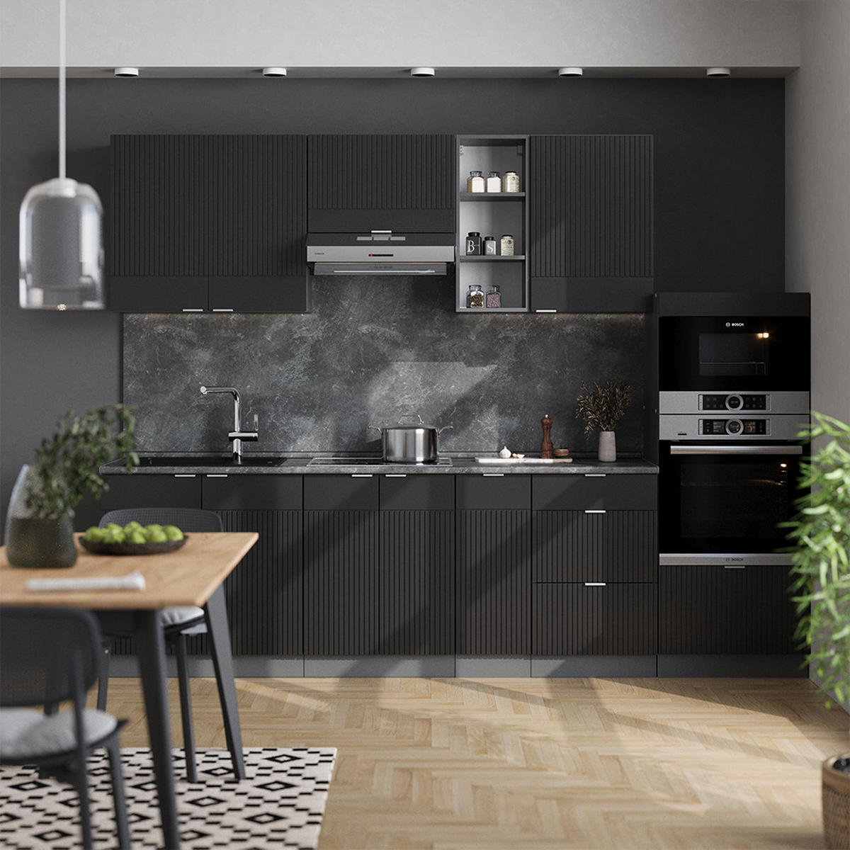 KÜCHENZEILE Fame-Line, Schwarz gestreift/Anthrazit, 280 cm, AP Eiche - Anthrazit/Schwarz, Holzwerkstoff (280/81.6/60cm) - Vicco