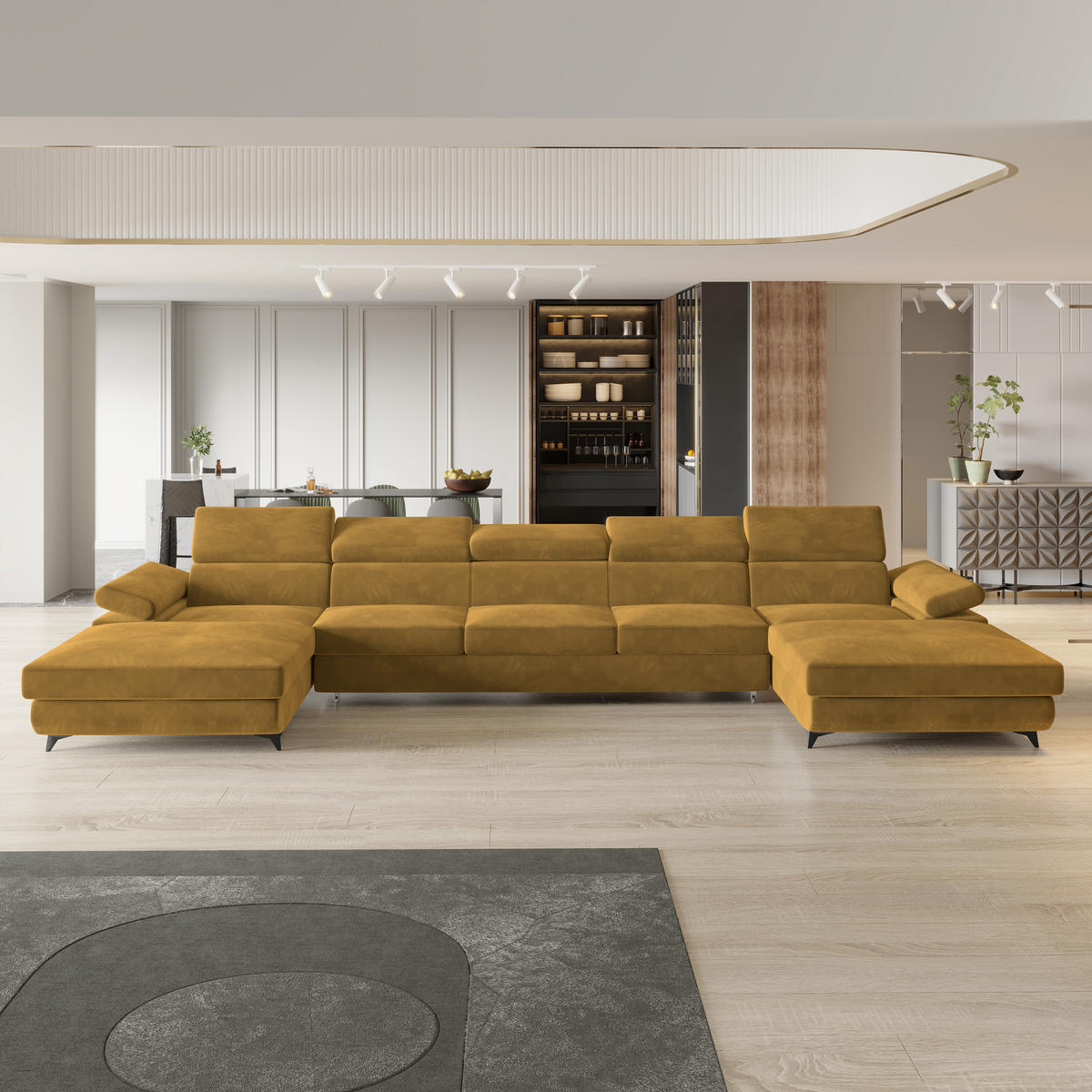 ROHOVÁ SEDAČKA VIVENTE žlutá - černá/žlutá, kov/dřevo (410/190cm) - MASSENO