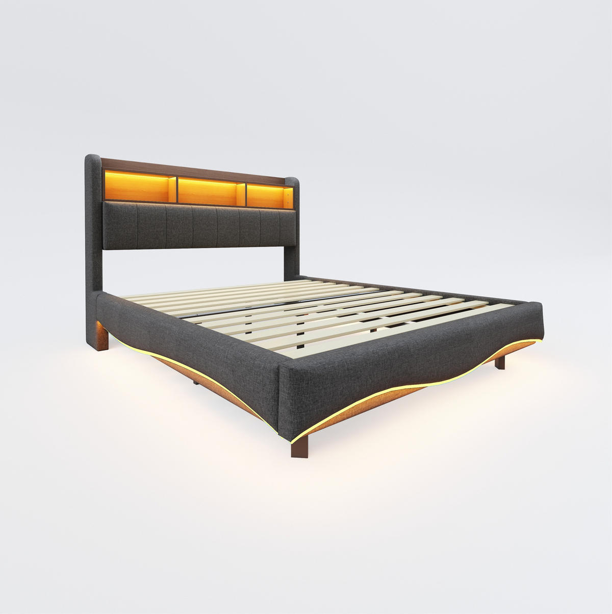 TAPECIRANI krevet 160/200 cm sivi od tkanine s LED rasvjetom, USB i Type-C priključcima - siva, tekstil (160/200cm) - OKWISH