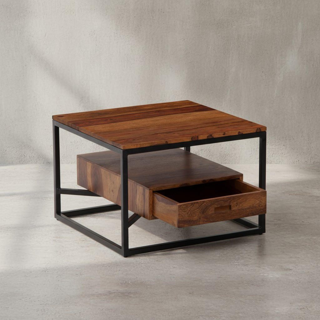 SOFATISCH Sheesham Massivholz und Metall, Quadratisch mit Schublade, Maße 60x60x40 cm - Schwarz/Braun, Holz/Metall (60/60/40cm) - KADIMA DESIGN