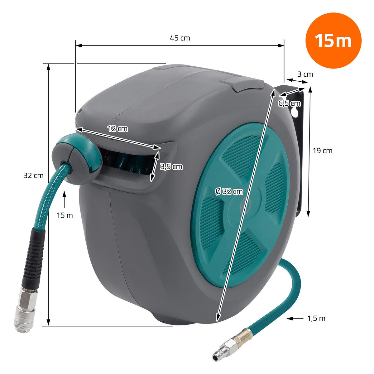 DRUCKLUFTSCHLAUCHTROMMEL 15m+1,5m - Grau, Kunststoff (16.5/32/45cm) - ECD-Germany