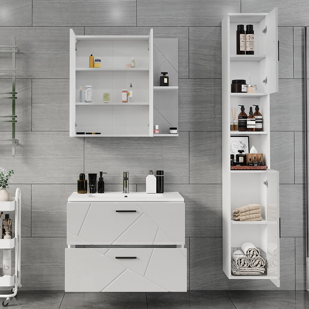 SADA KOUPELNOVÉHO NÁBYTKU Irma Bílá/bílý vysoký lesk - vysoce lesklá bílá, kompozitní dřevo (80/57/44.6cm) - Vicco