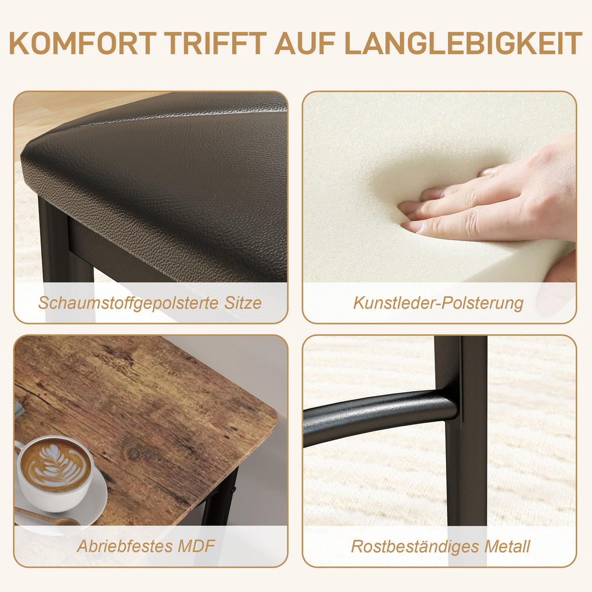 4-TEILIGES Esszimmer-Set, Platzsparendes Set mit Tisch, Stühlen und Bank, Braun - Braun, Metall (60/74.5/100cm) - HOMCOM