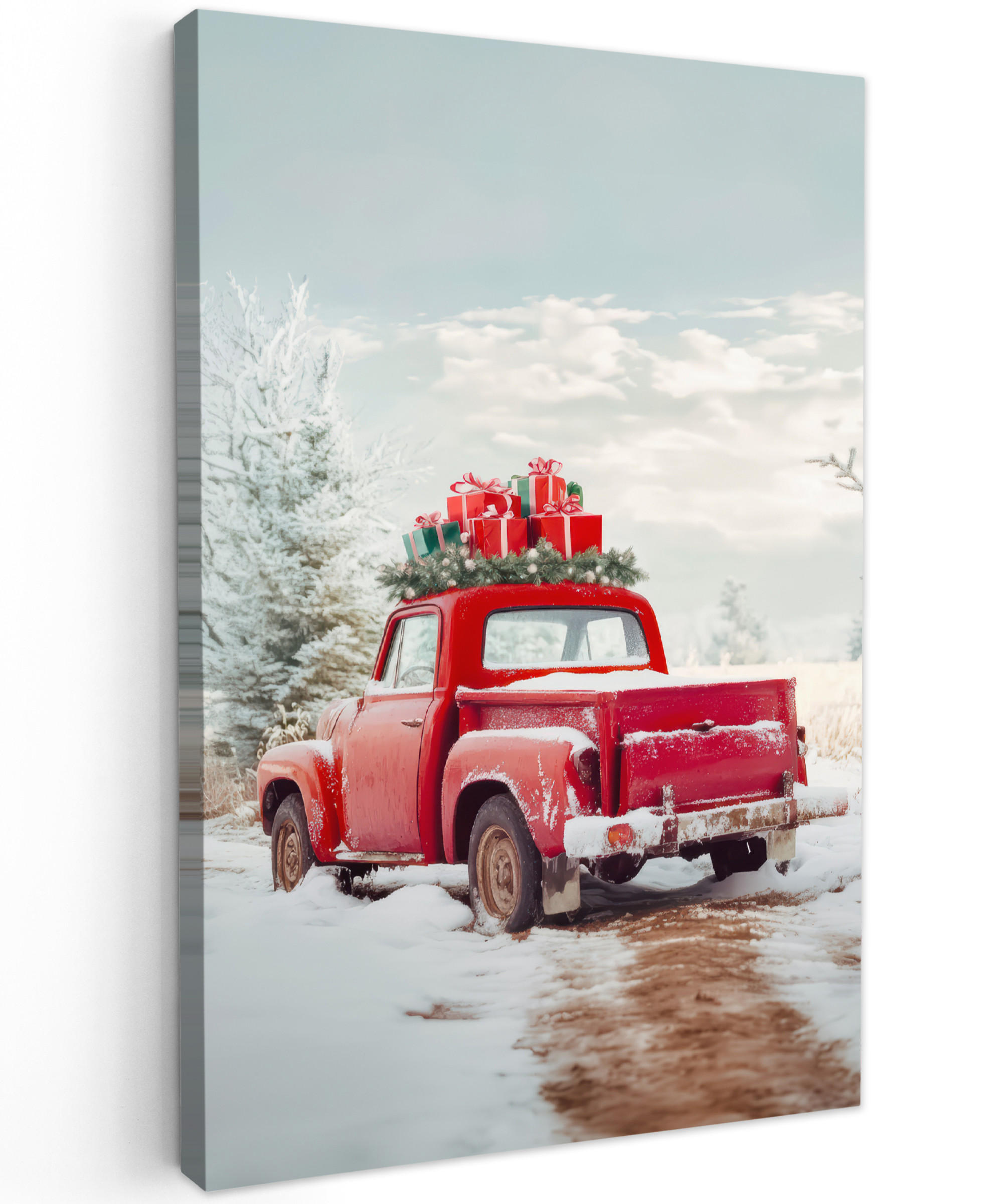 LEINWANDBILD Auto - Rot - Geschenke - Winter - Schnee - Weihnachten 40x60 cm - Rot, Textil (40/60cm) - MuchoWow