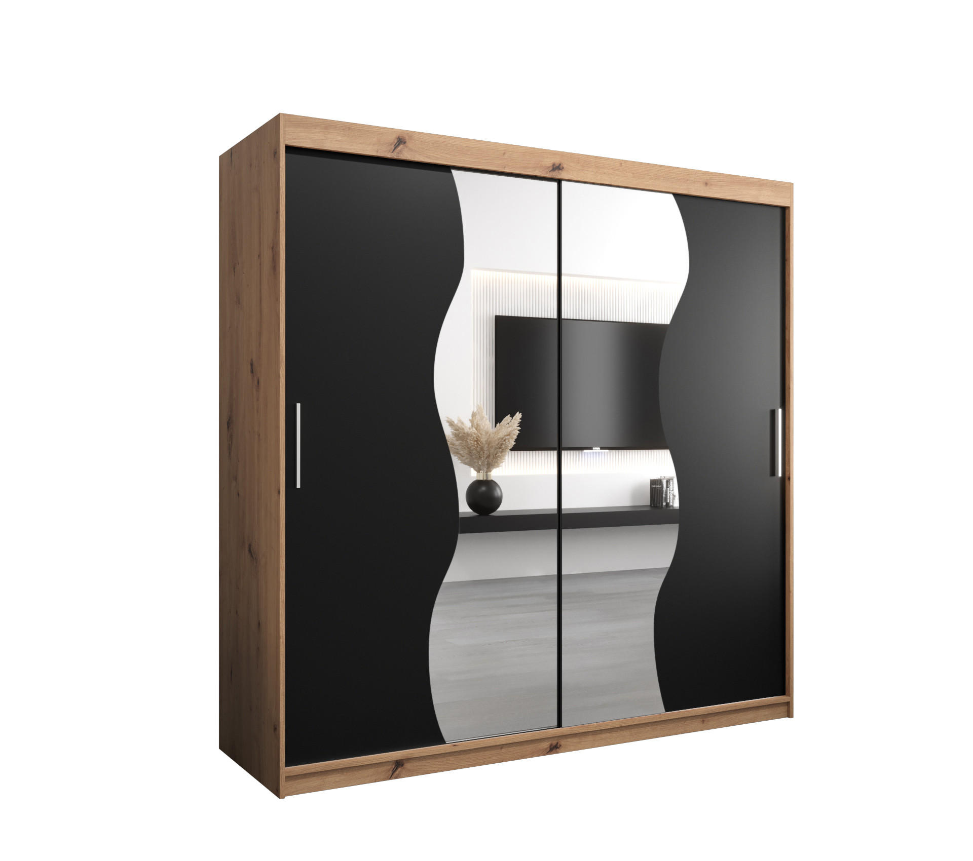 Möbel Kryspol Schwebetürenschrank Eiche Artisan, Schwarz 200x200x62 cm