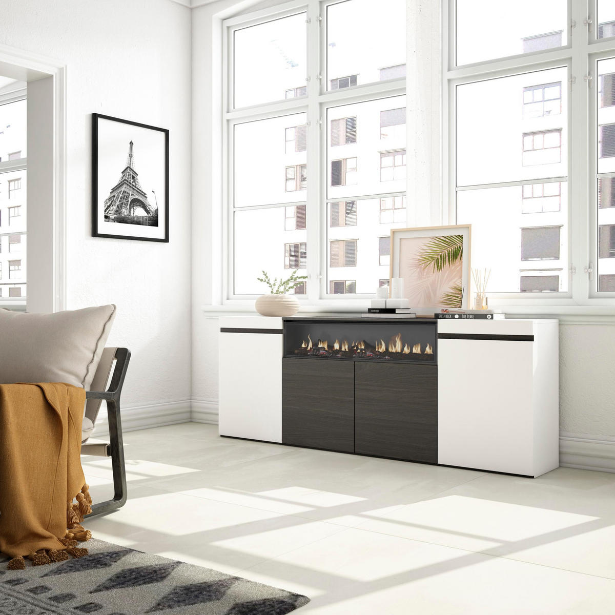 SIDEBOARD Elektrokamin, weiß und schwarz, 200/35/75cm - Multicolor/Schwarz, Holzwerkstoff (200/75/35cm) - Skraut Home