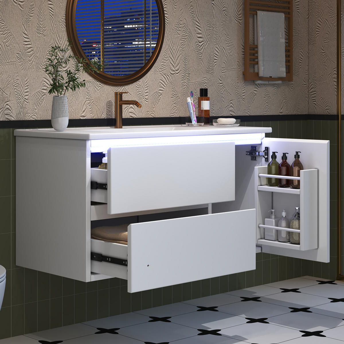 WASCHTISCHUNTERSCHRANK 91x46.5x50.5 cm Weiß aus Keramik & Spanplatte mit Radarsensor-LED & 2 Schubladen - Weiß, Holzwerkstoff (91/50.5/46.5cm) - Modfu