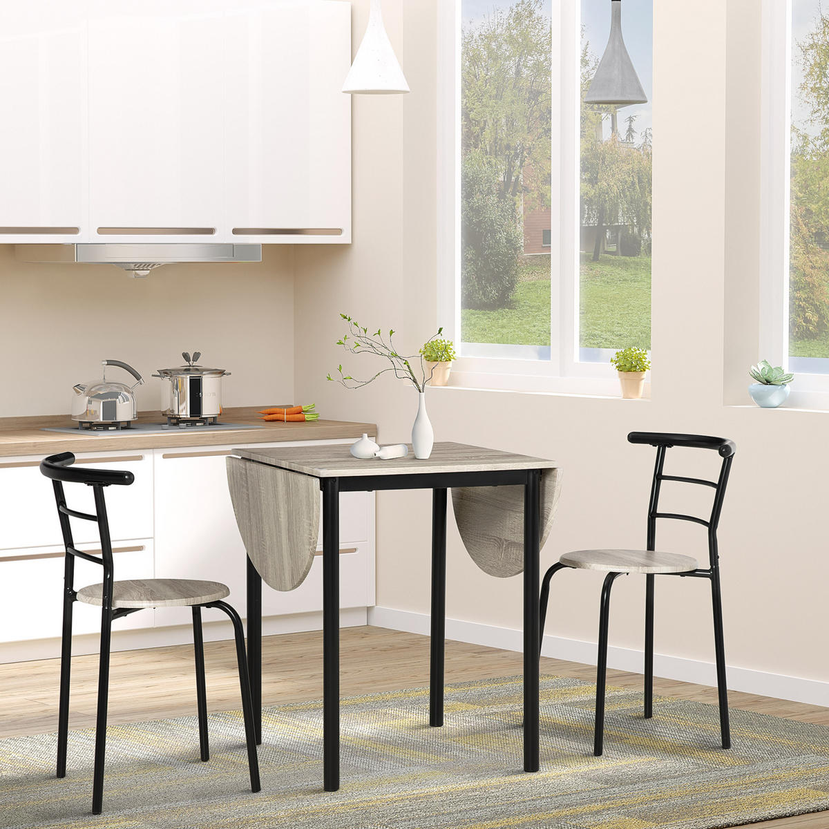 AUSZIEHBARER ovaler Tisch und 2 Stühle – Klapptisch – Metall und MDF – schwarz und natur - Eichefarben, Kunststoff (120/75/60cm)