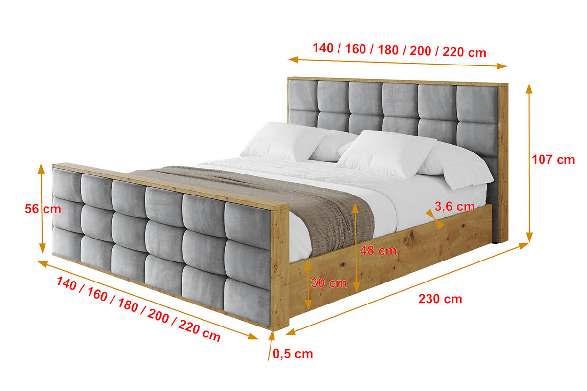 POLSTERBETT mit Bettkasten, Fußteil und Lattenrost, Boxbett mit Matratze H3/H4 - ENZO2-Z 120x200 Grau - Grau, Holzwerkstoff/Textil (120/200cm) - ALTDECOR