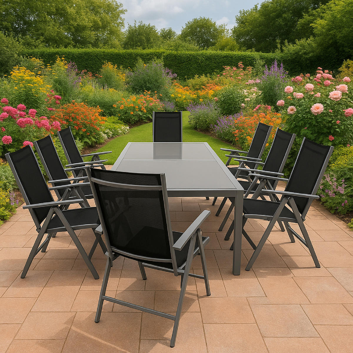 GARTEN-GARNITUR Ashford - 9-teilige Garten-Essgruppe (8x Klappsessel mit Aluminiumgestell grau, Bespannung Textilene schwarz - Schwarz, Metall - TPFGarden