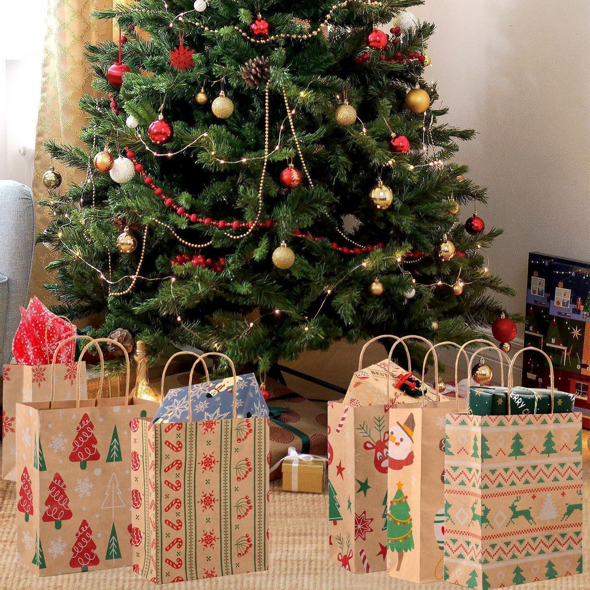 GESCHENKTÜTEN 24-teiliges Set Kraftpapier Weihnachten mit Henkel 23 cm - Multicolor, Papier (18.5/8.5/23cm)