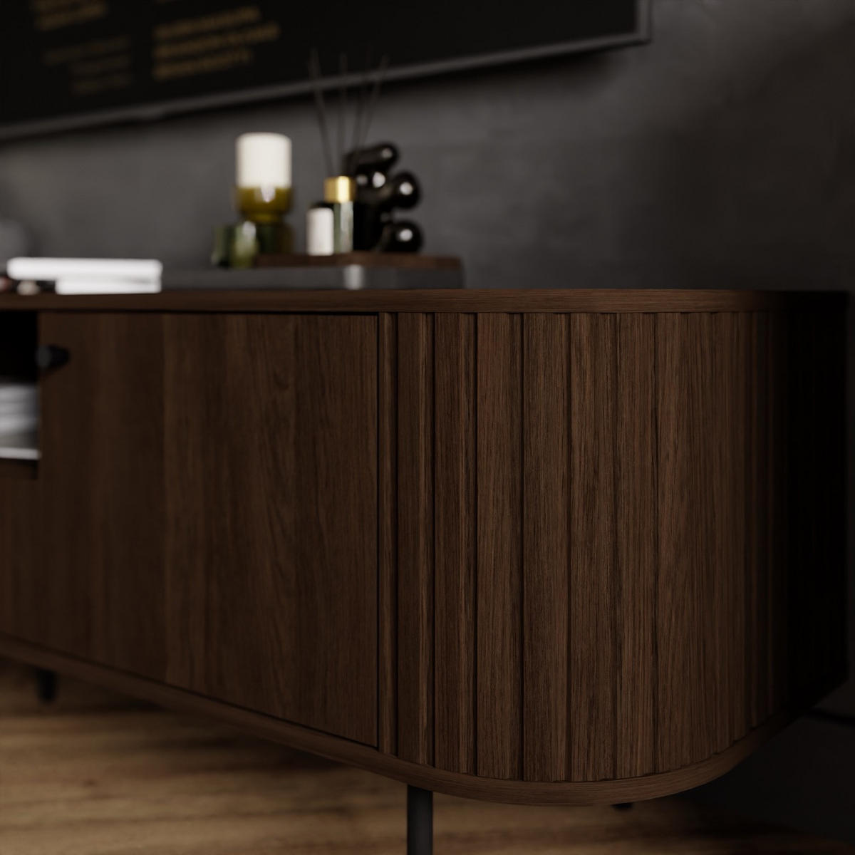 TV-SCHRANK Olivia 123 cm, mit 2 Türen, Stauraum, geriffeltem Design, dunkelbraun, schwarzfarbenen Metallfüßen - Dunkelbraun, Metall (123/50/43cm) - Margaret Hadas24