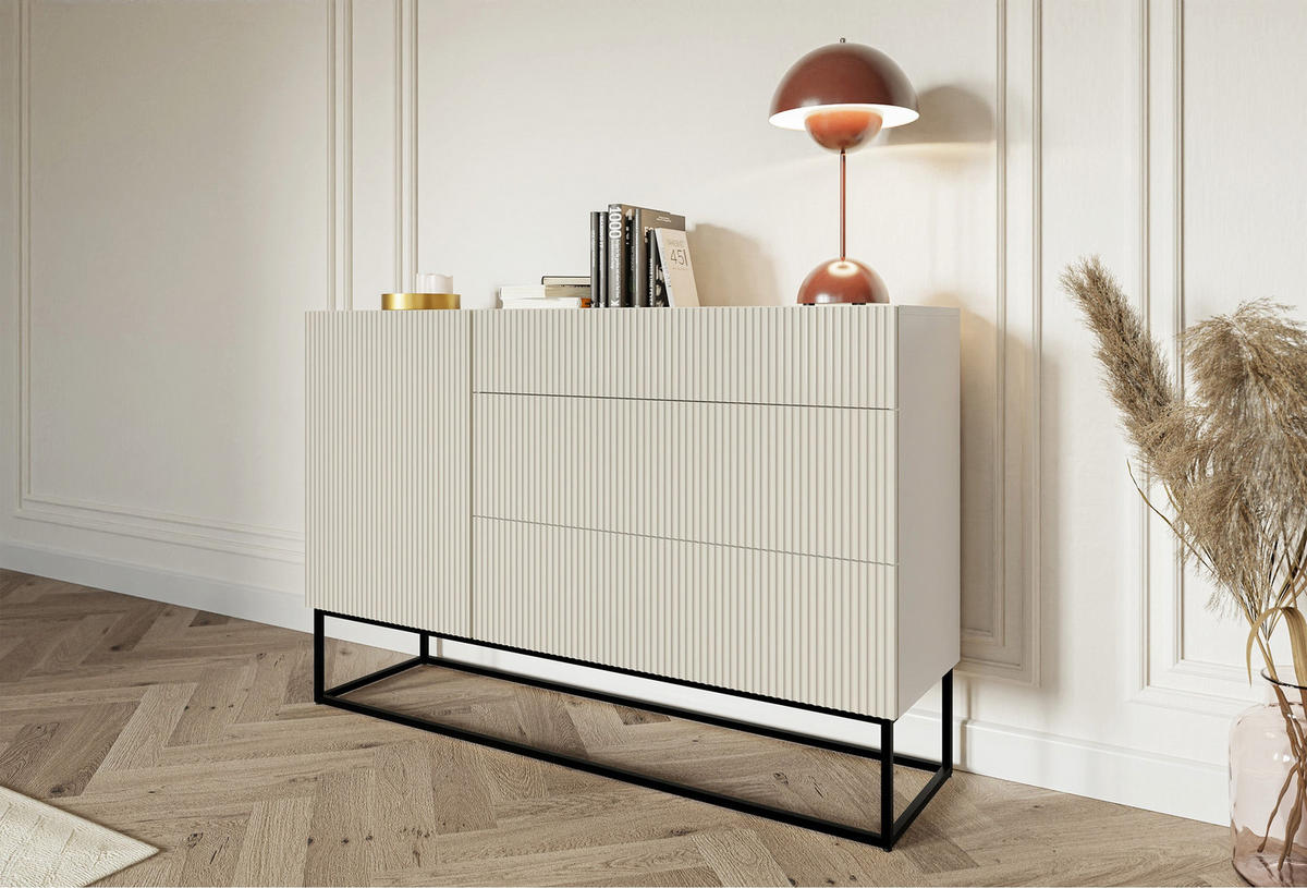 KOMODA Veldio šedobéžová s černým kovovým rámem 140 cm - černá/šedobéžová, kov/kompozitní dřevo (140/90/38cm) - Selsey