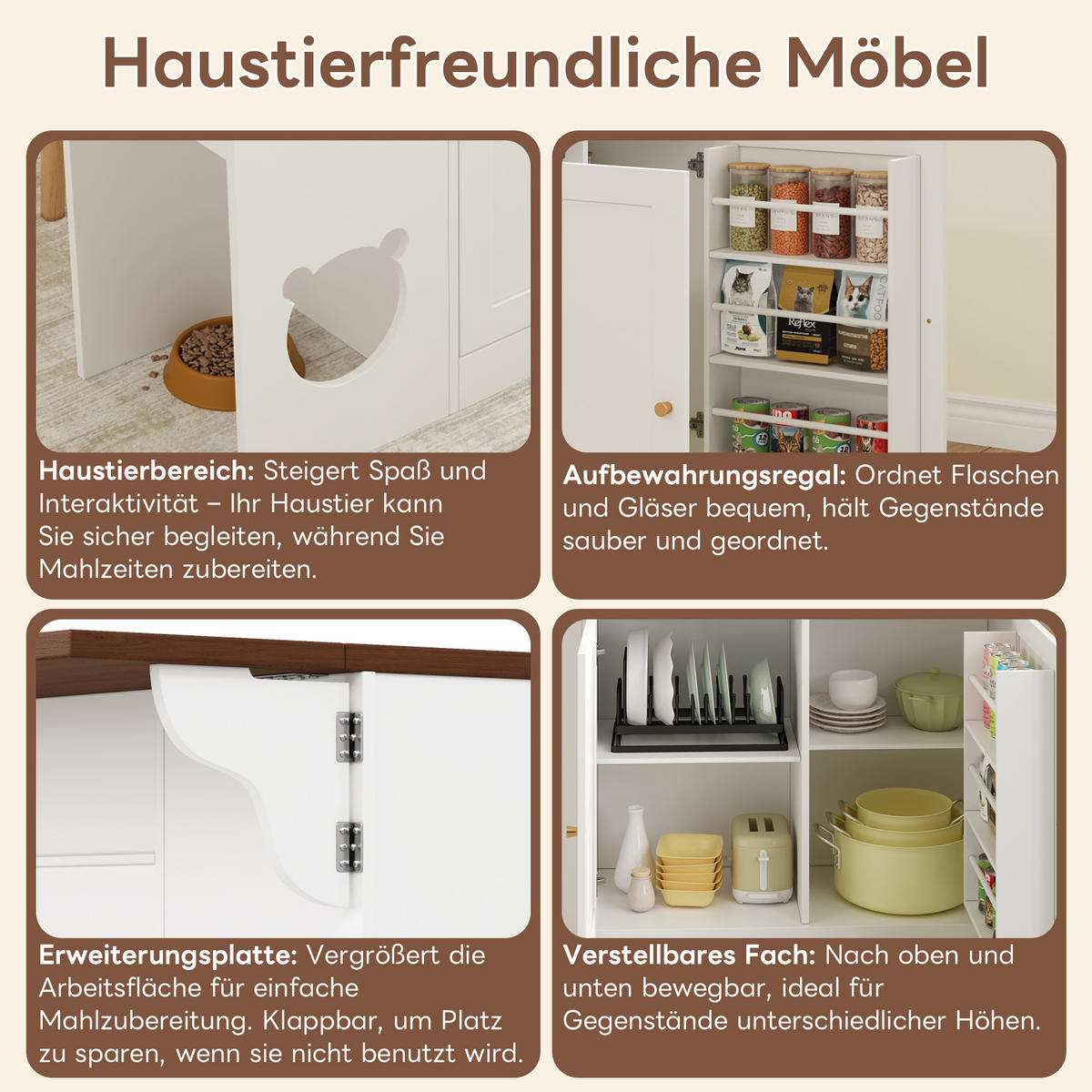 KÜCHENINSEL 120/70/90 cm Weiß mit Ausziehplatte, Schubladen, Gewürzregal und Katzenhöhle - Weiß, Holz/Holzwerkstoff (120/90/70cm) - Oxeza