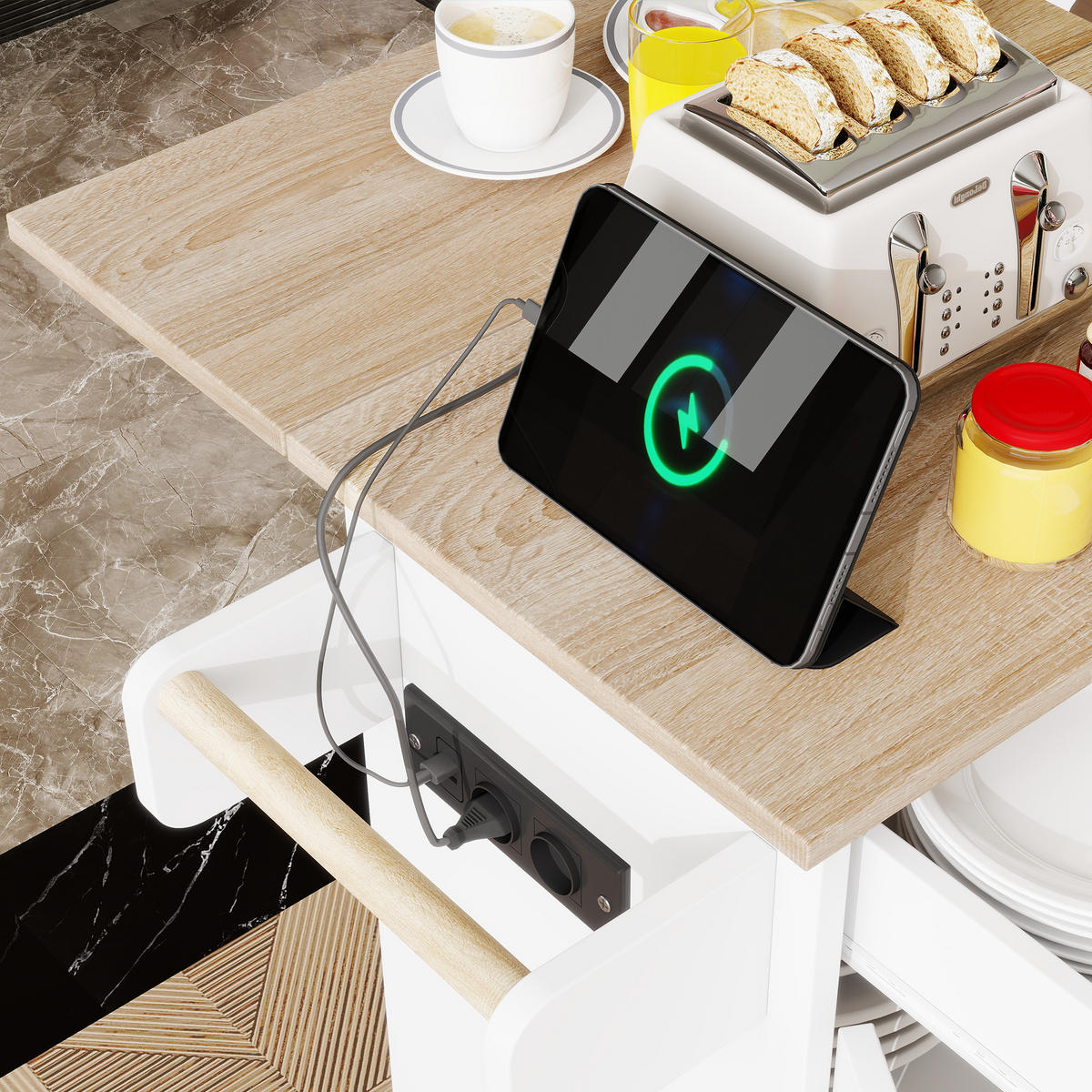 KÜCHENROLLWAGEN 66x40x90cm MDF mit Klappplatte, Schublade, Schrank & 4 Rollen - Weiß, Holzwerkstoff (66/90/38cm) - Modfu