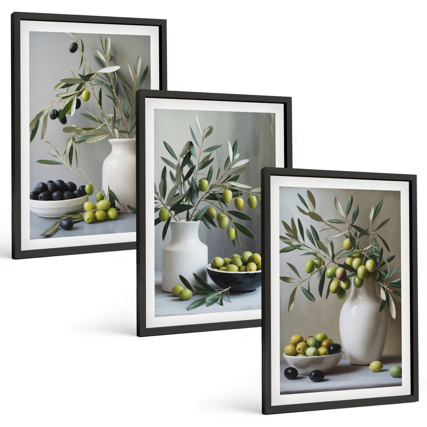 BILDER SET 3er Set - 40x60 cm Schwarzer Rahmen - Oliven in grauen Vasen - Schwarz, Kunststoff (40/60cm) - TULUP