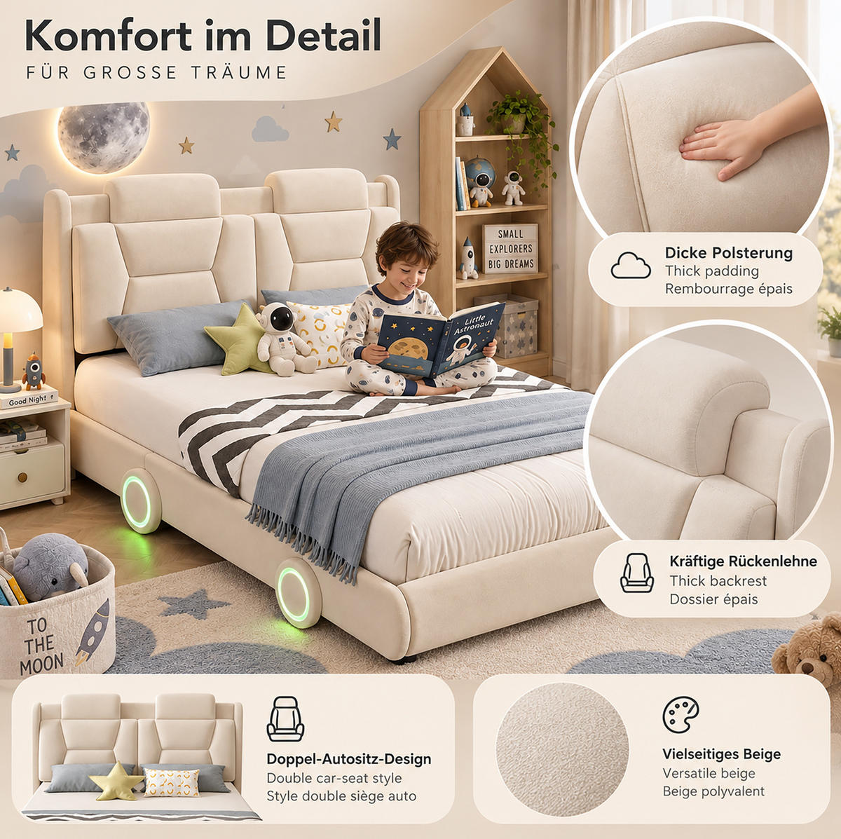 KINDER-POLSTERBETT aus Flanell 140x200 cm Beige im Auto-Design mit höhenverstellbarem Kopfteil - Beige, Textil (140/200cm) - Modfu