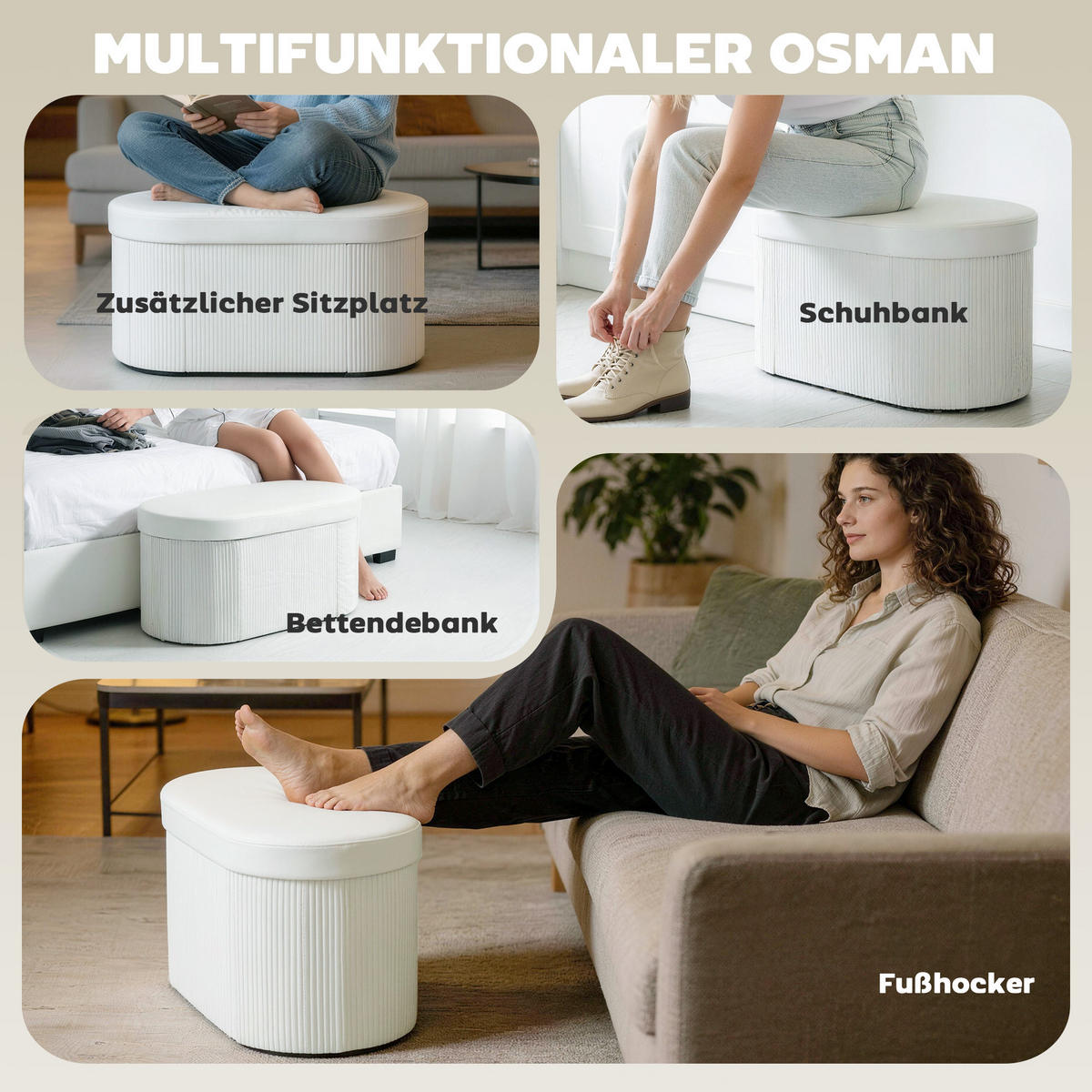 TRUHENBANK DE-07216 klappbar mit Samt-Optik Creme - Creme, Textil (38/35/76cm) - ComfortXL