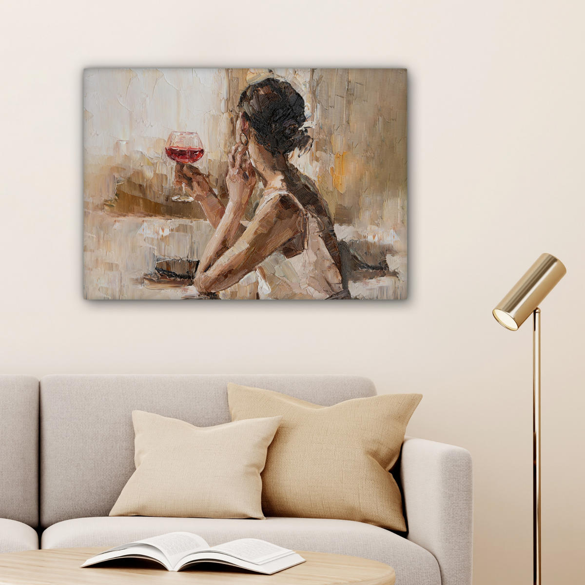 LEINWANDBILD Ölgemälde - Frau - Wein Wandbilder 80x60 cm - Hellbraun, Textil (80/60cm) - MuchoWow