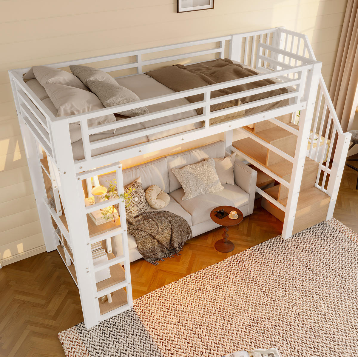 HOCHBETT 90/200 cm in Weiß mit Stauraumtreppe, Rausfallschutz und LED - Weiß, Holzwerkstoff (90/200cm) - BEAOK