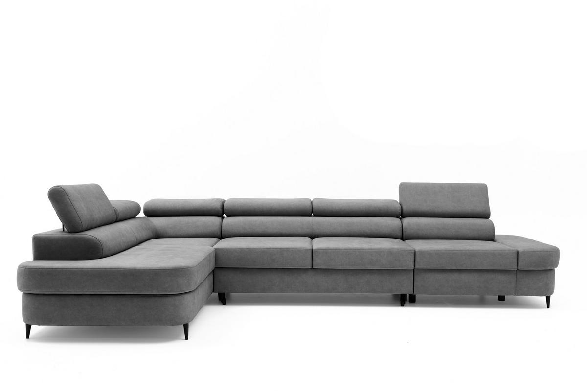 ECKSOFA PRIAM MAXI L-Form mit Schlaffunktion & Bettkasten, 6-Sitzer, 350cm, Verstellbare Kopfstützen, Ottomane Links - Grau, Holz/Textil (350/203cm) - Muffo