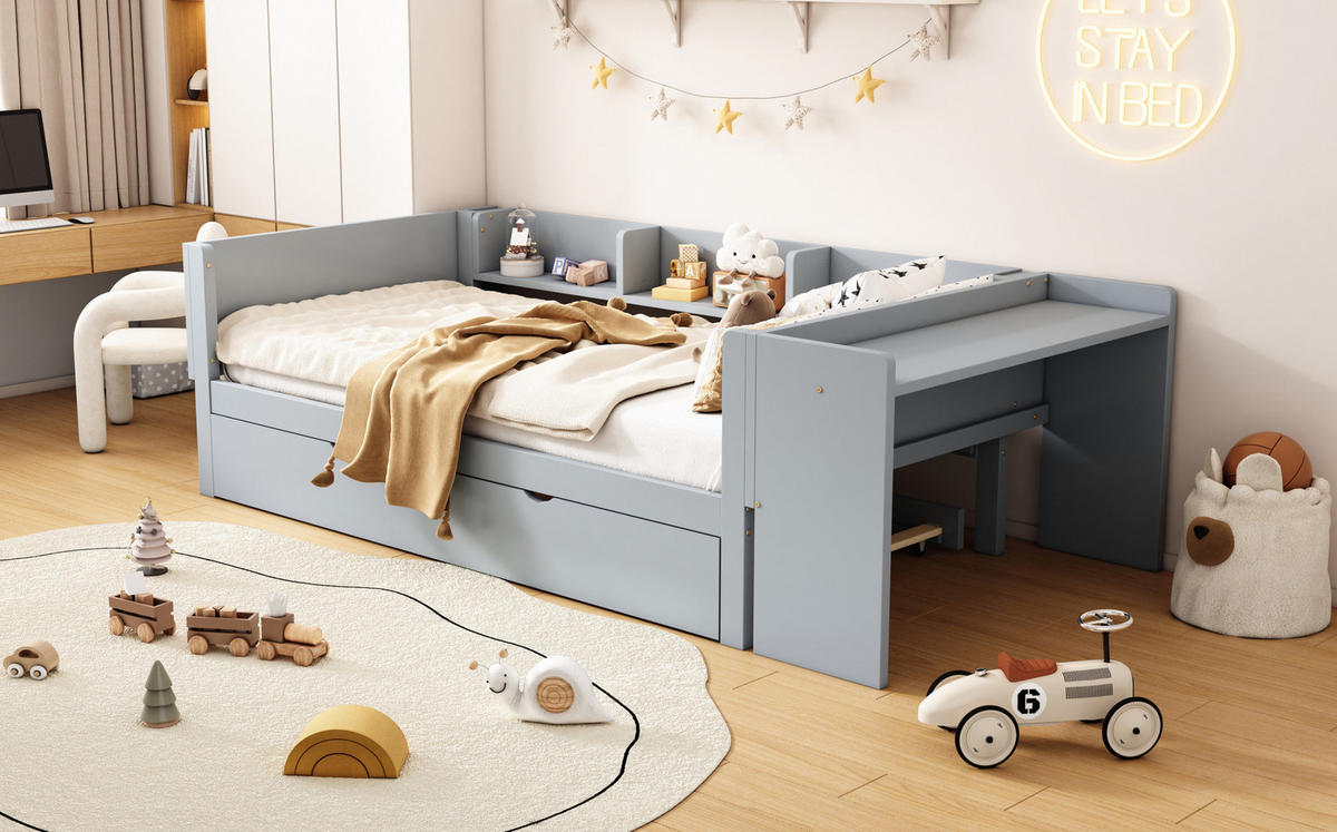 POLSTERBETT 90/200 cm Grau aus Kiefernholz und MDF mit Ausziehbett und Schreibtisch - Grau, Holz (90/200cm) - OKMYHOME