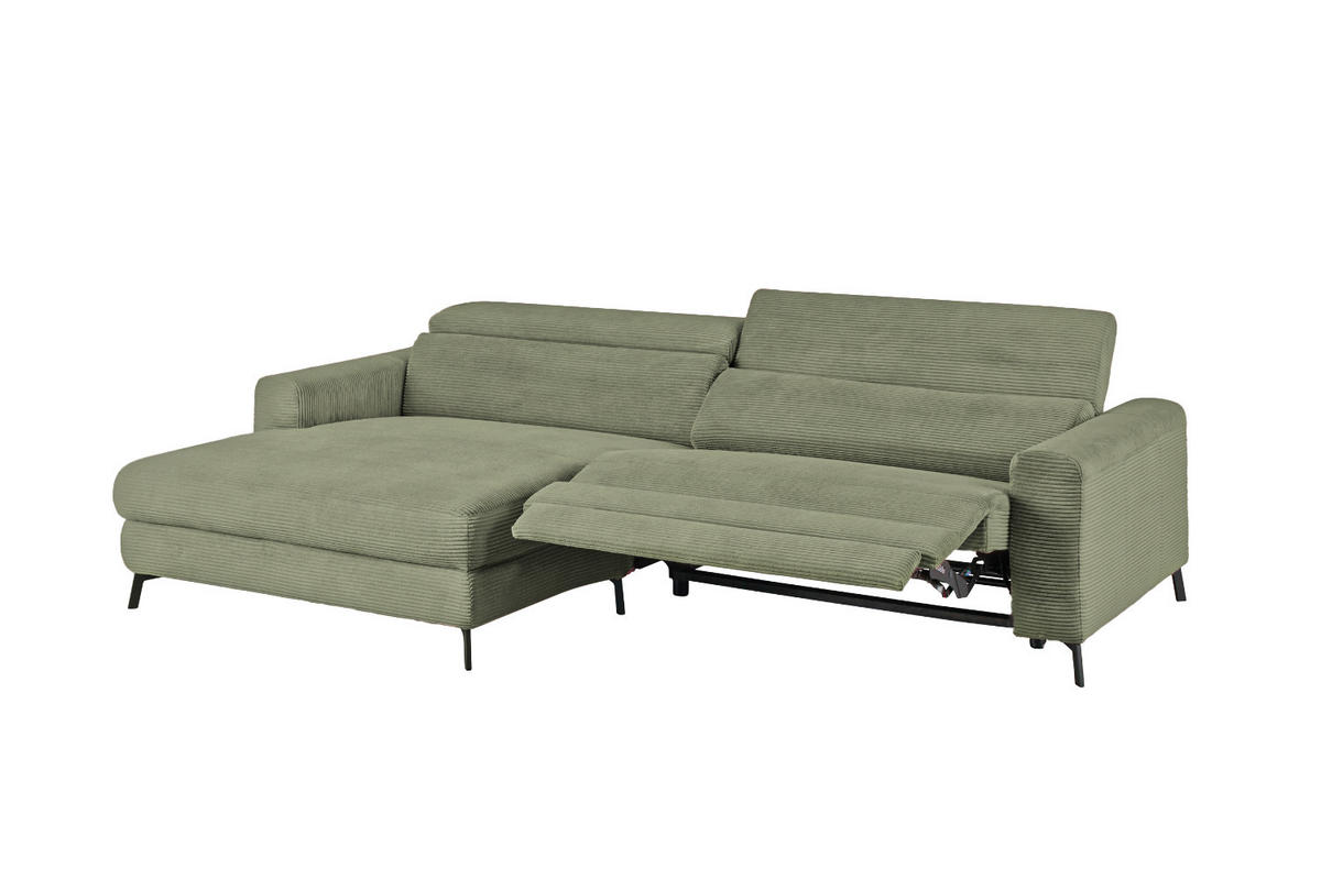 ECKSOFA LAISKA Grün Cord Relaxfunktion - Schwarz/Olivgrün, Textil/Metall (282/177cm) - KAWOLA