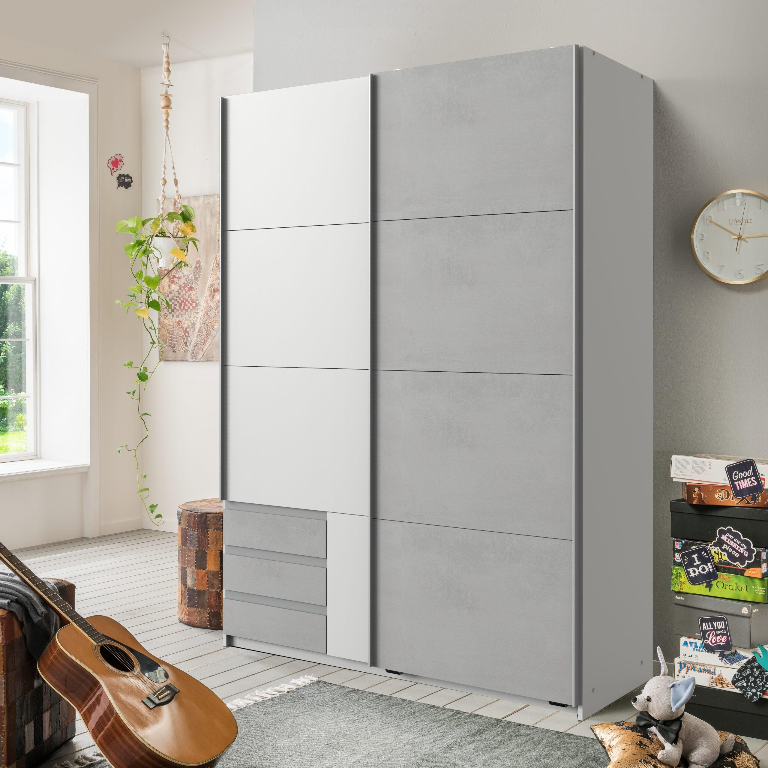 KLEIDERSCHRANK Emden in Weiß mit Beton - Schwebetürenschrank Breite 135 cm ohne Spiegel - Weiß, Holzwerkstoff (135/198/65cm)