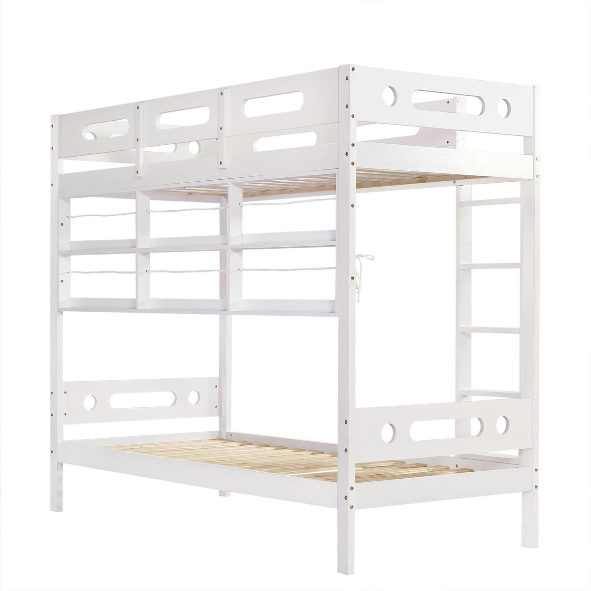 ETAGENBETT 90/200 cm in Weiß & Natur mit Regal und 5-stufiger Leiter - Weiß/Naturfarben, Holz/Holzwerkstoff (90/200cm) - CHICFURN