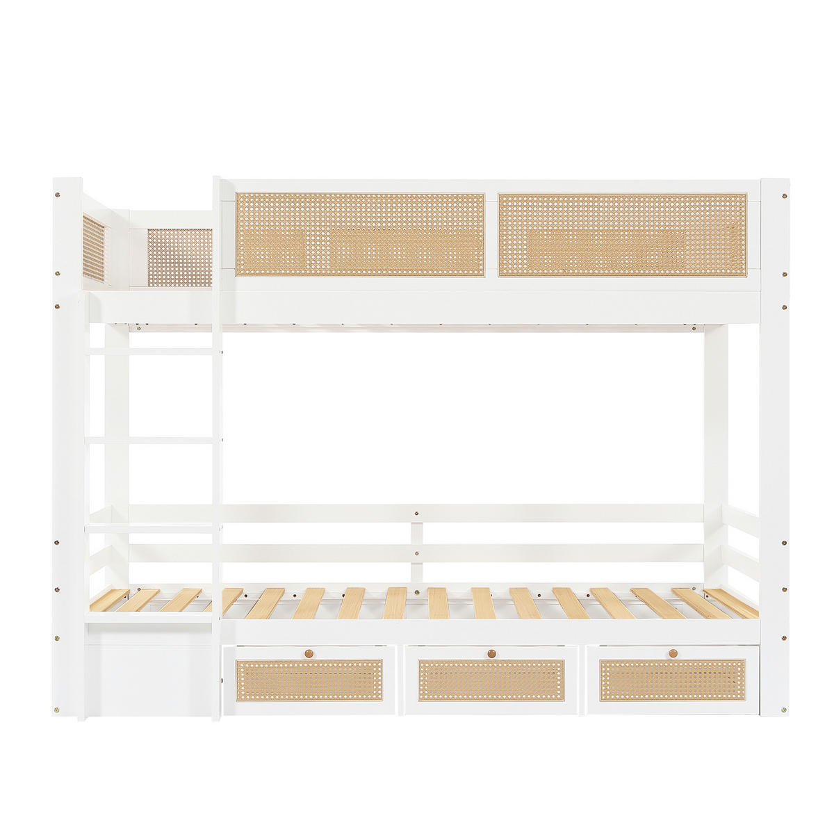 ETAGENBETT 90/200 cm DE-02325, in Weiß/Natur, mit Rattanzaun, 3 Schubladen und Sicherheitsgittern - Weiß, Holz/Holzwerkstoff (90/200cm) - ComfortXL