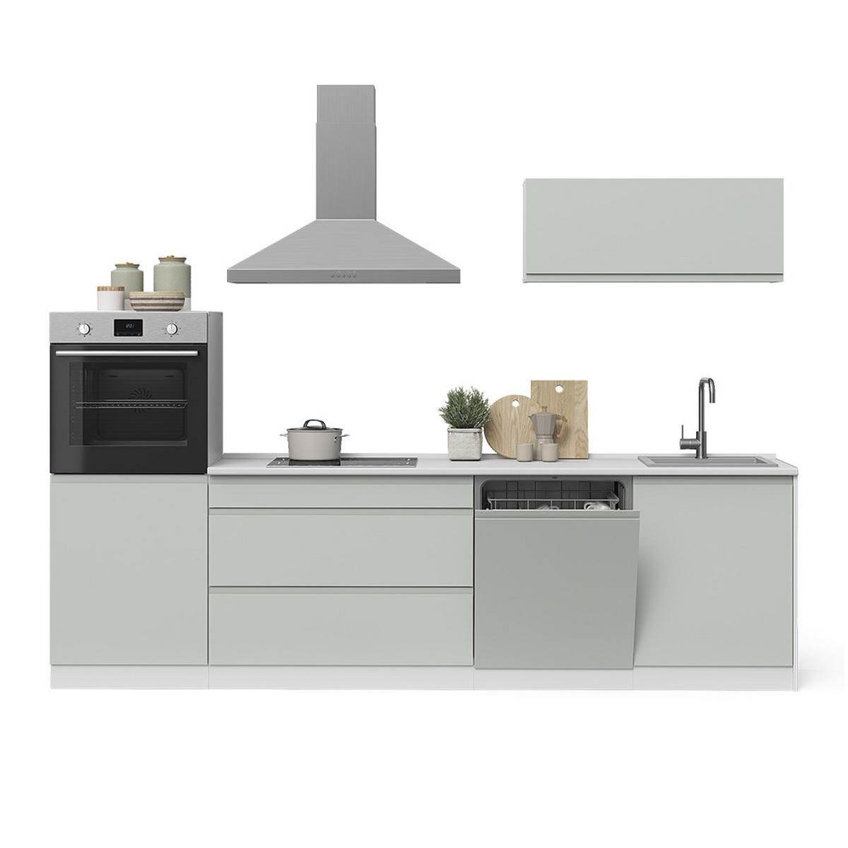 KÜCHENZEILE R-Line, Pastellgrün/Weiß, 280 cm Arbeitsplatte Satin - Pastellgrün/Weiß, Holzwerkstoff (280/143/60cm) - Vicco
