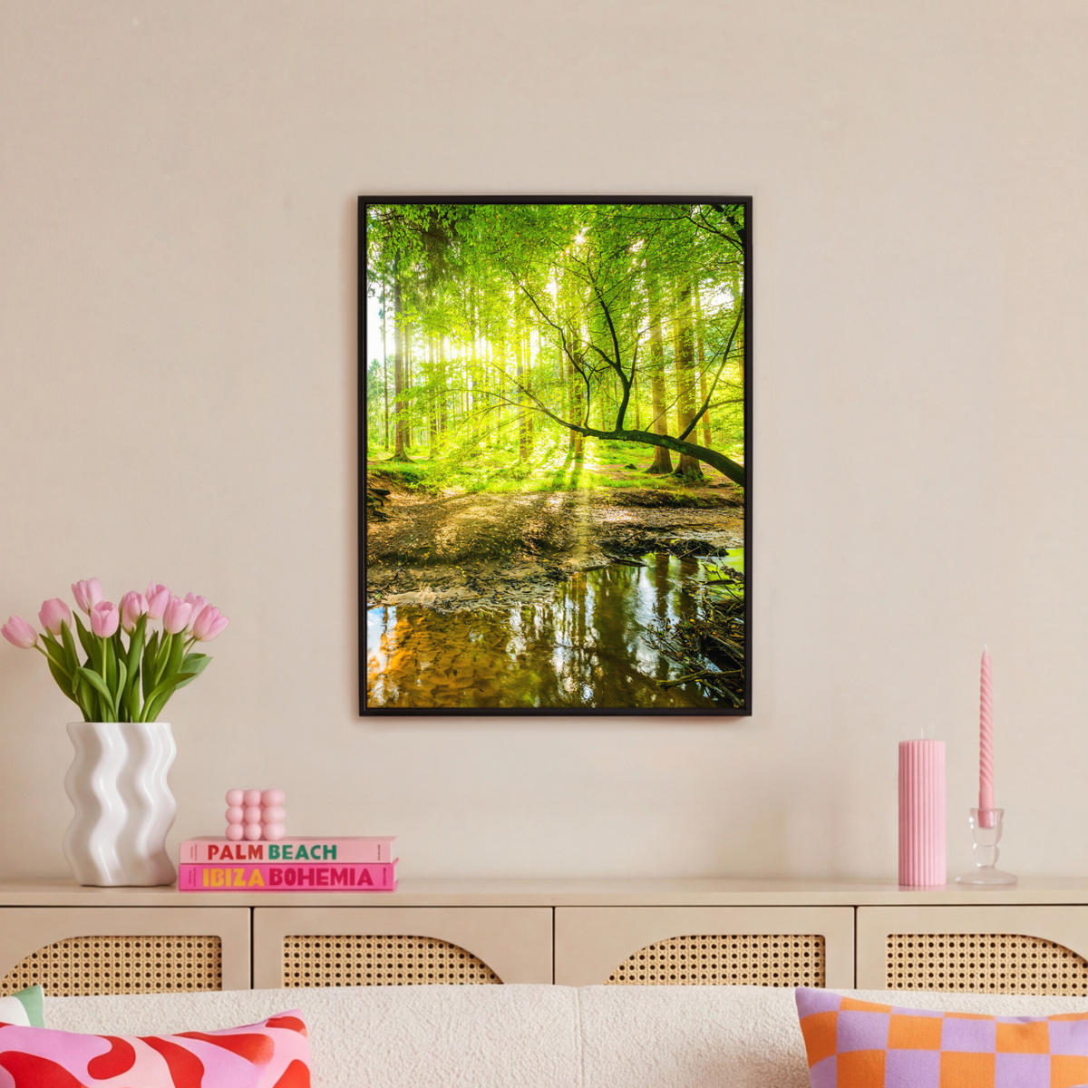 LEINWAND Bilder mit Rahmen - Wald - Landschaft - Wasser - Bäume - Sonne - Grün - Natur - 50x70 - Grün, Textil (50/70cm) - MuchoWow