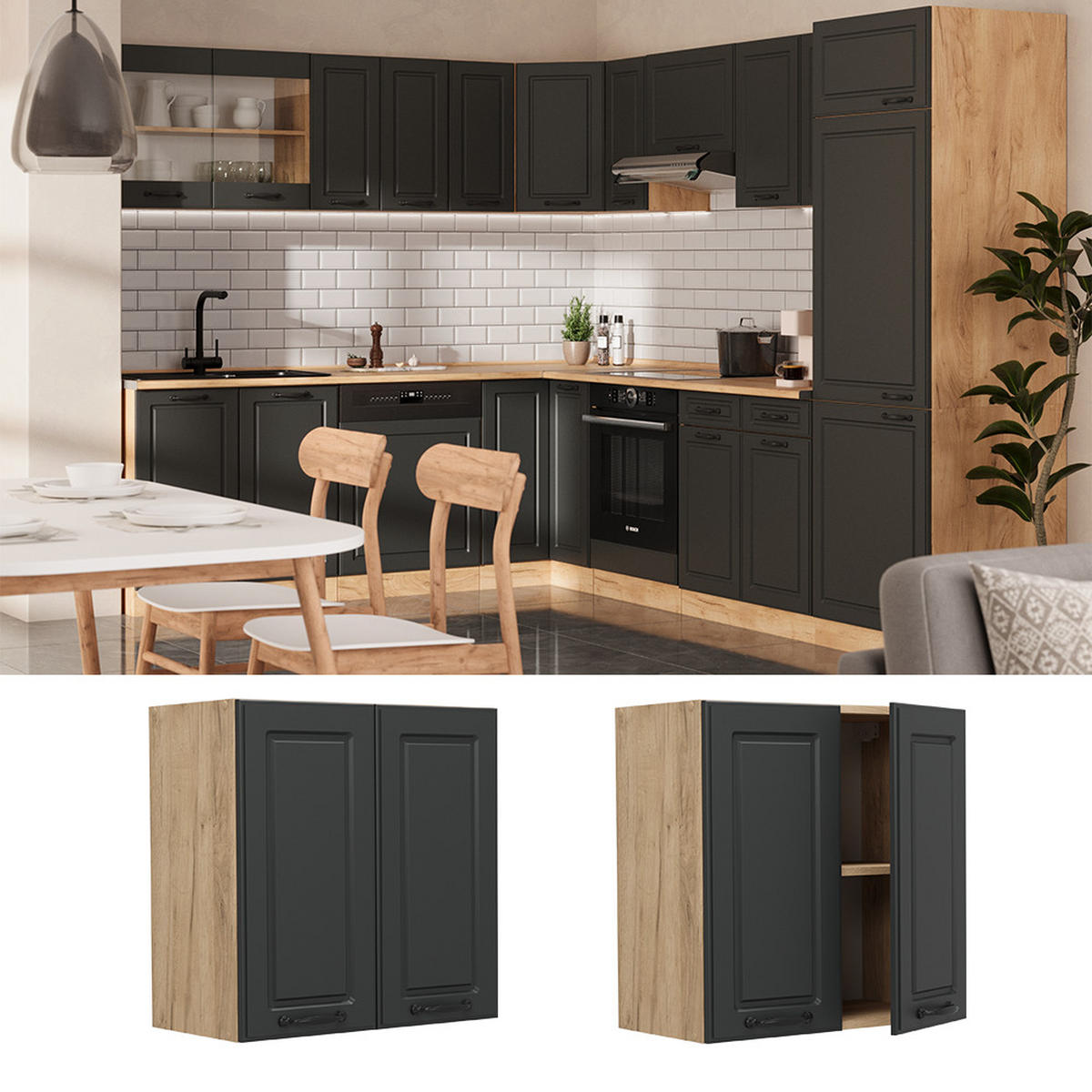 HÄNGESCHRANK R-Line Anthrazit Landhaus 60 cm - Honigeiche/Anthrazit, Holzwerkstoff (60/60/31cm) - Vicco