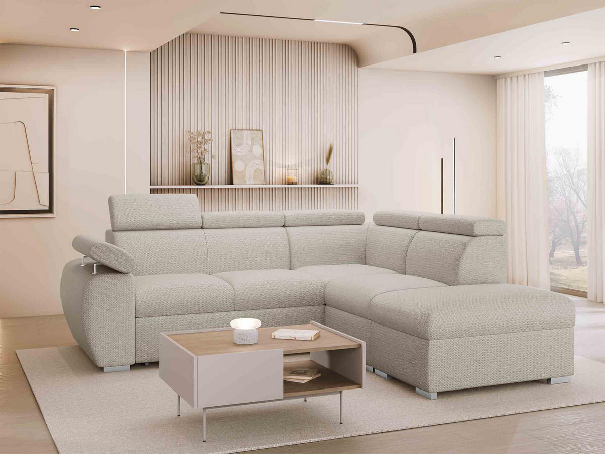 ECKSOFA Boston 2RR1P, Seite: Rechts 2R+R+1P(65)+PUFAP - Silberfarben/Creme, Holz/Textil (260/230cm) - MIRJAN24