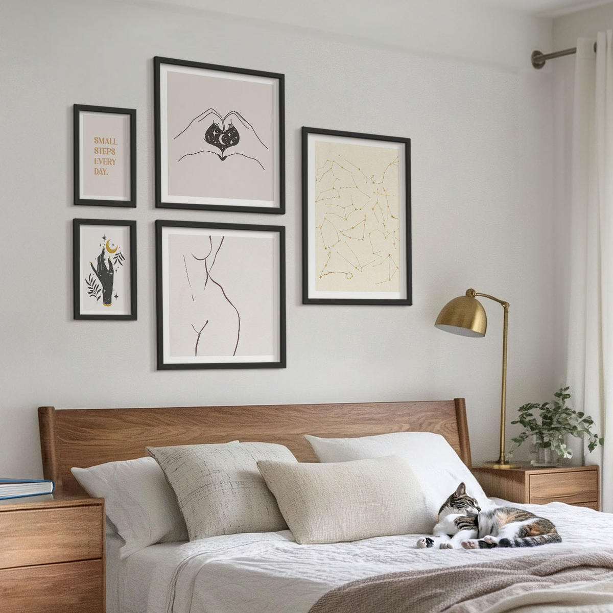 BILDER SET 5er Set - 50x50 cm & 20x30 cm & 40x60 cm Schwarzer Rahmen - Minimalistische Boho-Illustrationen - Schwarz, Kunststoff (40/60cm) - TULUP