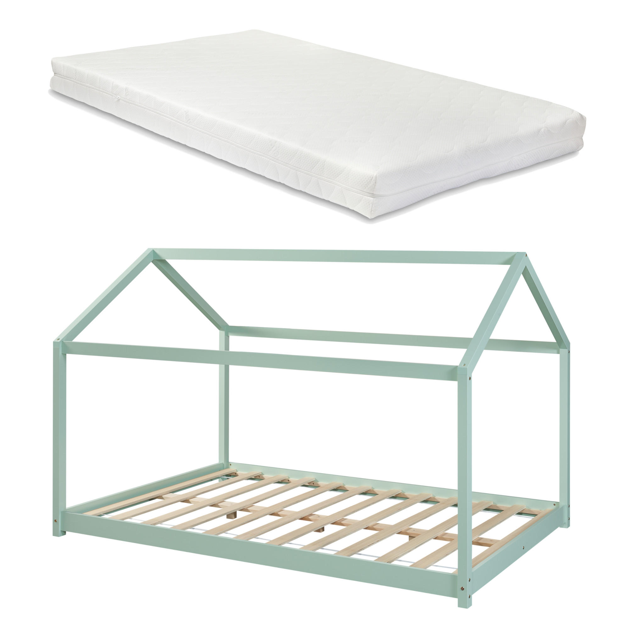HAUSBETT Cerro mit Matratze - Mintgrün, Holz/Textil (140/200cm) - [en.casa]