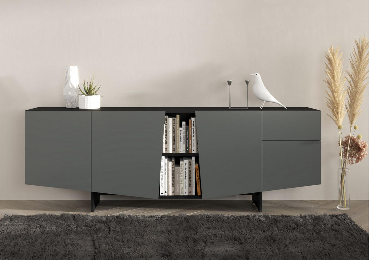SIDEBOARD Wing, Asymmetrische Fronten, 200 cm, Schwarz und Grau - Schwarz/Grau, Holzwerkstoff (200.2/70/41.8cm) - Skandica