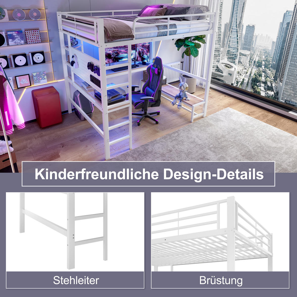 HOCHBETT 140x200cm Weiß Metall Schreibtisch LED-Licht USB Steckdose - Weiß, Metall (140/200cm) - FLIEKS