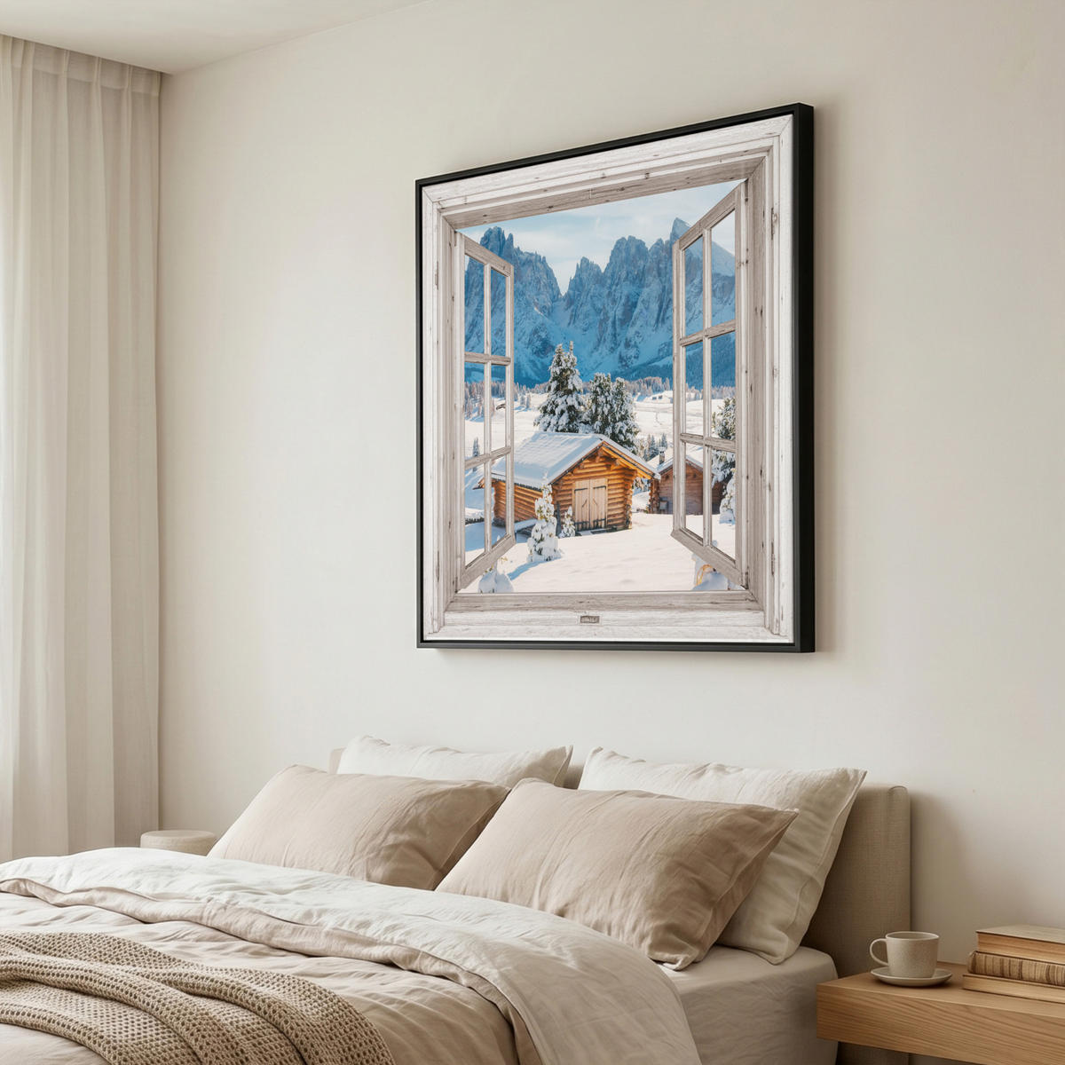 LEINWAND Bilder mit Rahmen - Winterlandschaft - Hütte - Berge - Ausblicke - Aussicht - Natur - 90x90 - Weiß Hochglanz, Textil (90/90cm) - MuchoWow
