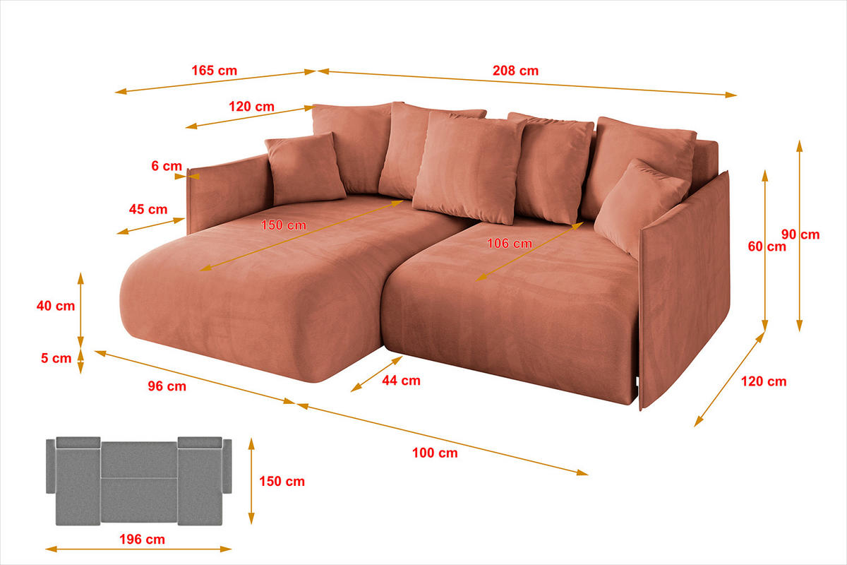 ECKSOFA mit Schlaffunktion und Bettkasten ONESK-L 208x165x40 Apricot Velours - Koralle, Holzwerkstoff/Kunststoff (208/165cm) - ALTDECOR
