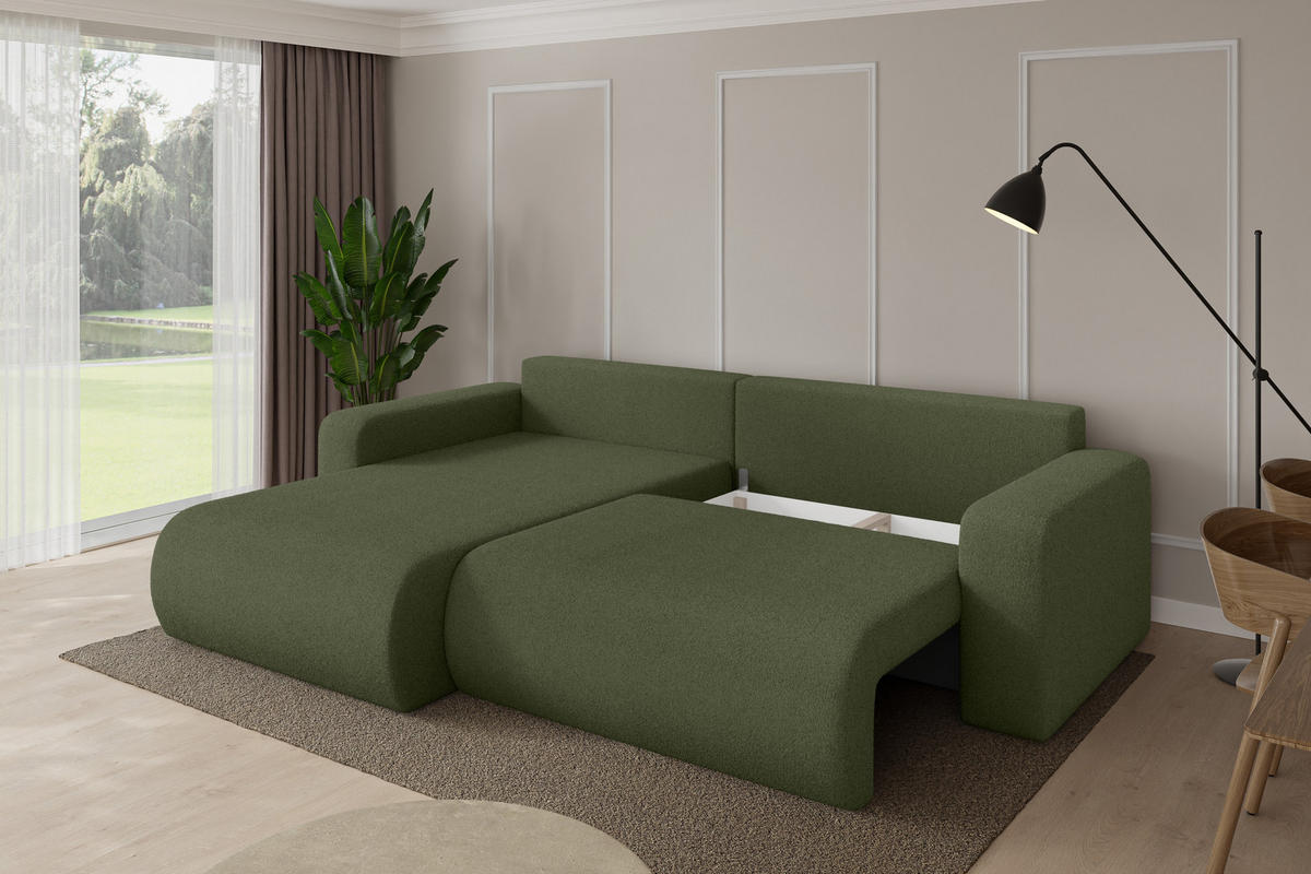 ROHOVÁ SEDAČKA s funkcí spaní, otoman vlevo BERY-L 276x193x88 zelená bouclé - černá/zelená barva, kompozitní dřevo/textil (276/193cm) - ALTDECOR